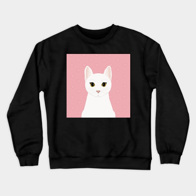 The cute white cat queen is watching you , white feathers and small kitten footsteps in the pink background Crewneck Sweatshirt by marina63